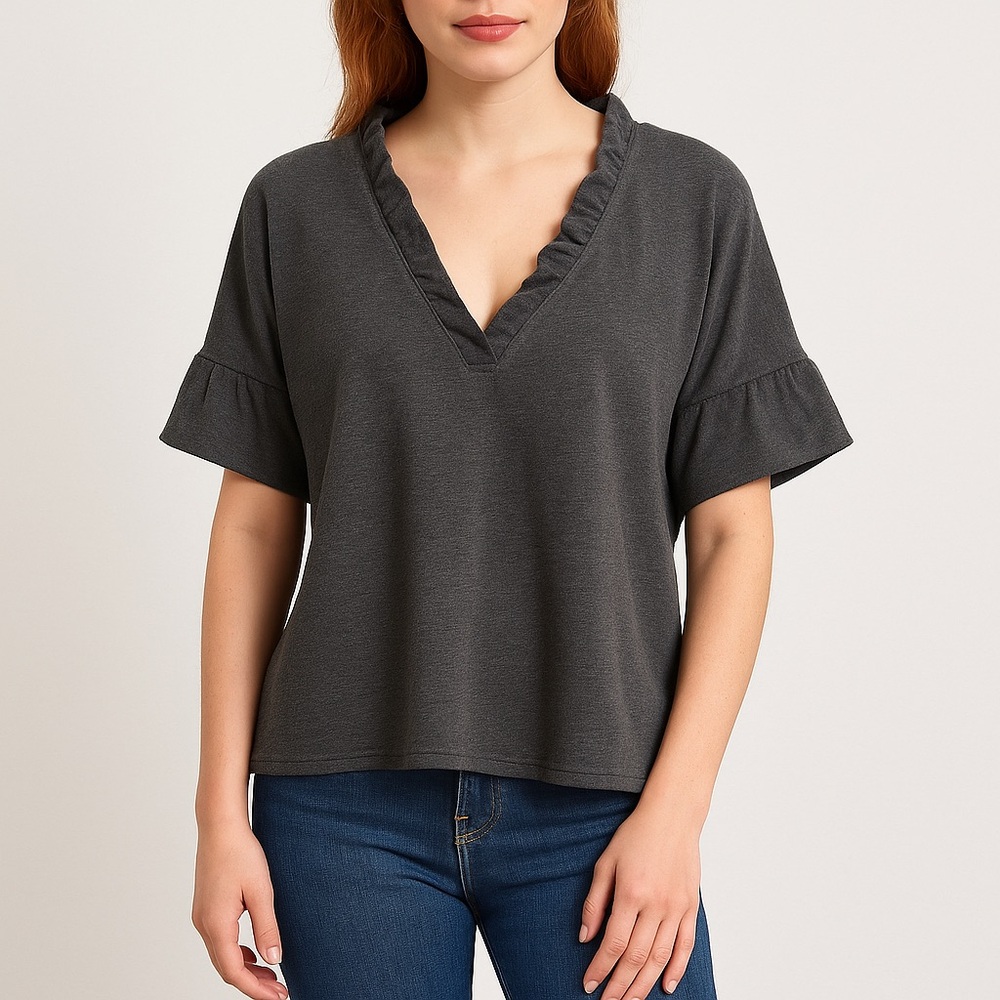 Finley Charcoal Gray Ruffle V-Neck Short Sleeve Top